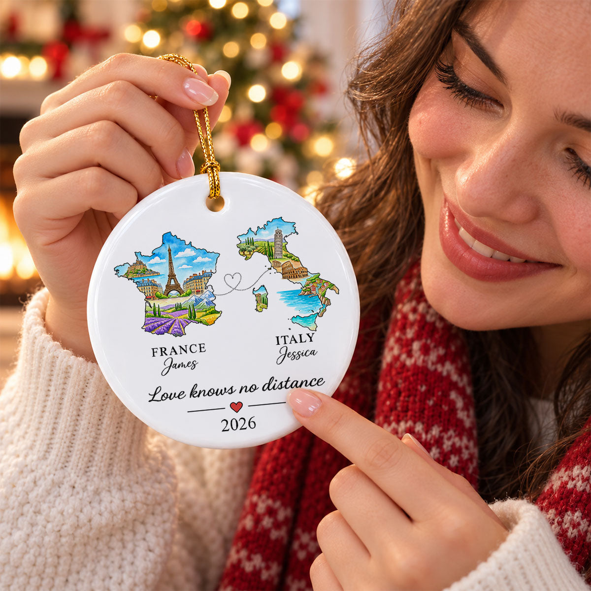 Love Knows No Distance State Map - Personalized Ceramic Ornament - Christmas Gift For Long Distance Couples, Boyfriend, Girlfriend, Husband, Wife