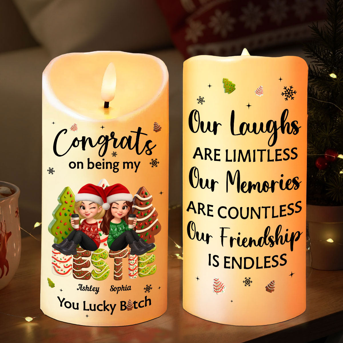 Congrats On Being My Besties Sisters Christmas Tree Cake Personalized LED Candle, Christmas gift for Besties Sisters