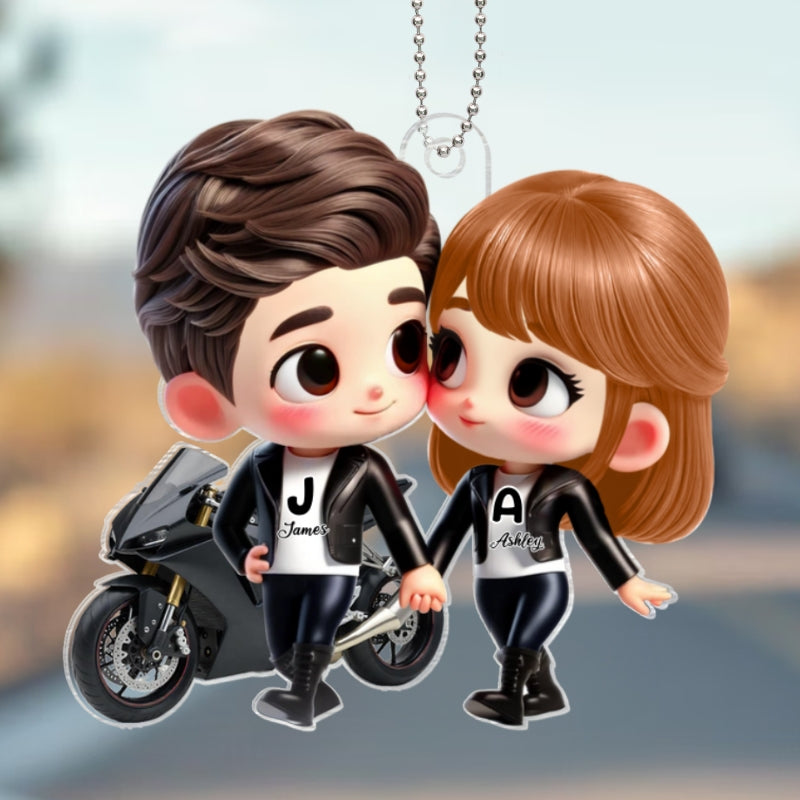 3D Effect Cute Cartoon Motorcycle Couple Personalized Acrylic Car Hanger, Anniversary &  Gift for him, Gift for her