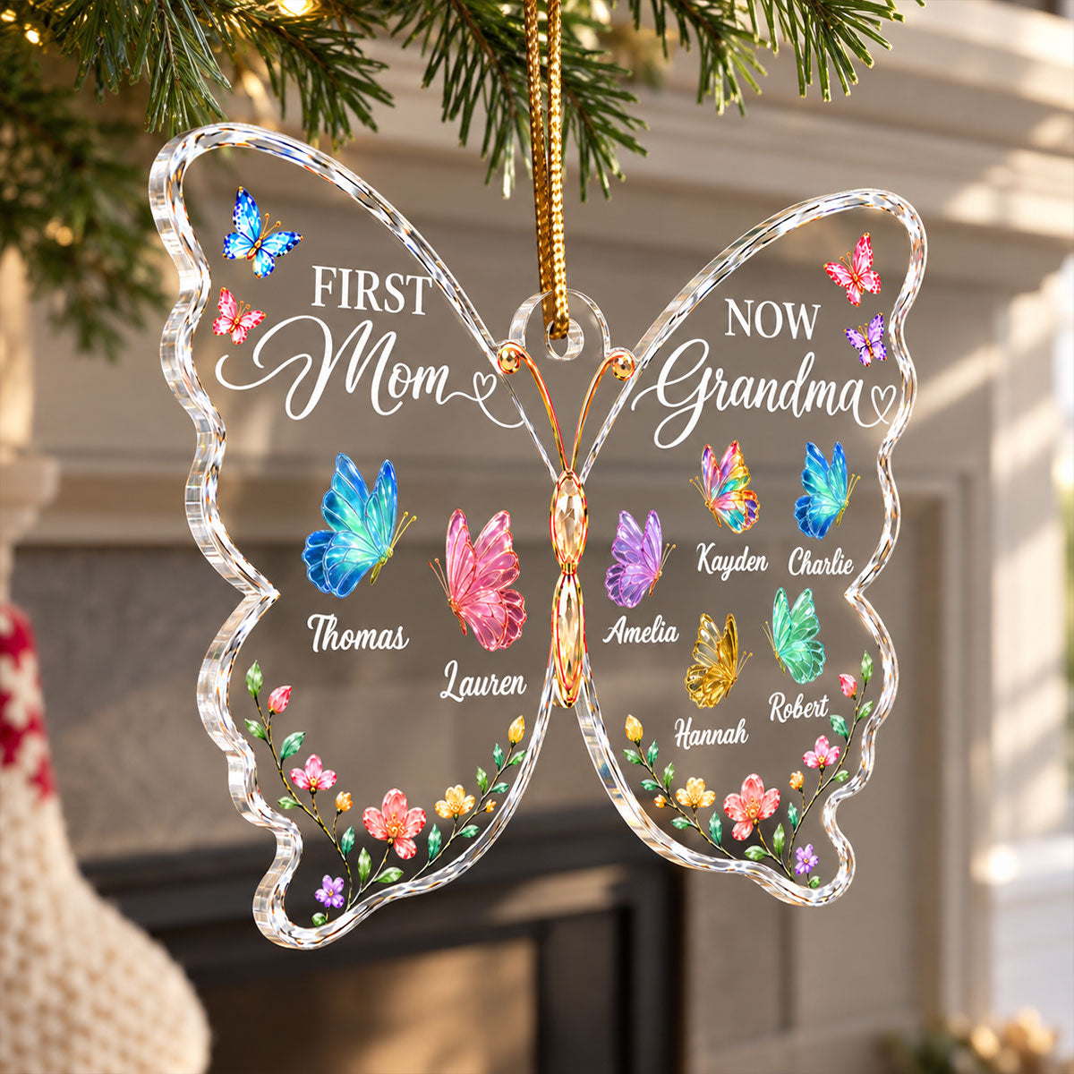 First Mom Now Grandma Butterfly - Personalized Acrylic Ornament - Christmas Gift for Mom, Grandma