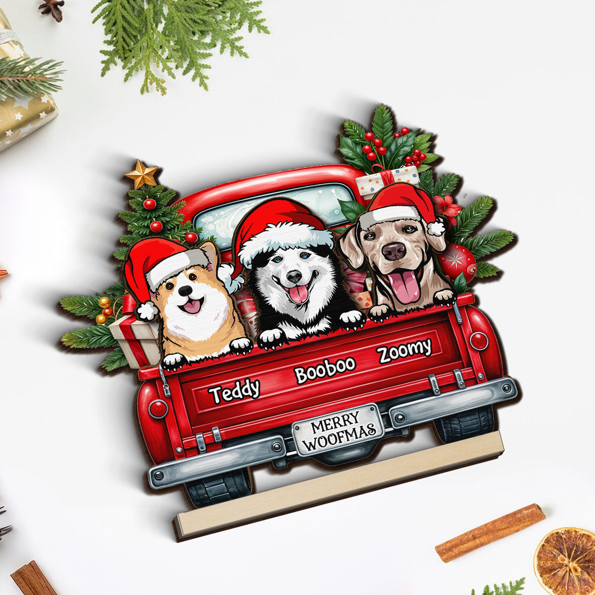 Merry Woofmas Dogs On Truck Personalized Standing Wooden Plaque, Christmas Gift For Dog Mom Dog Dad