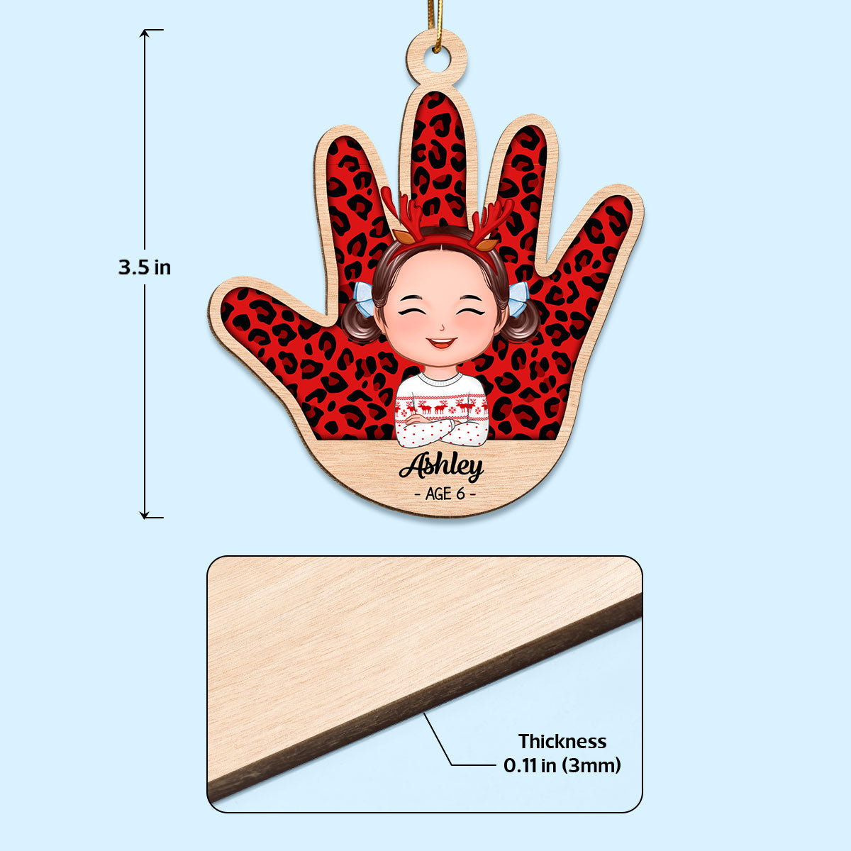 Kid Handprint Colorful Checkered Personalized Wooden Ornament