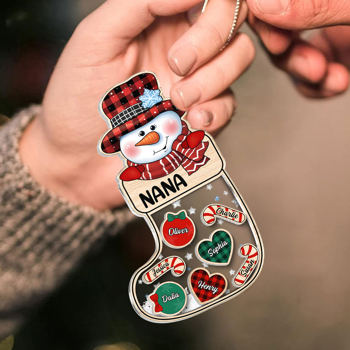 Grandma Snowman Kids In Christmas Socks Personalized Shaker Ornament