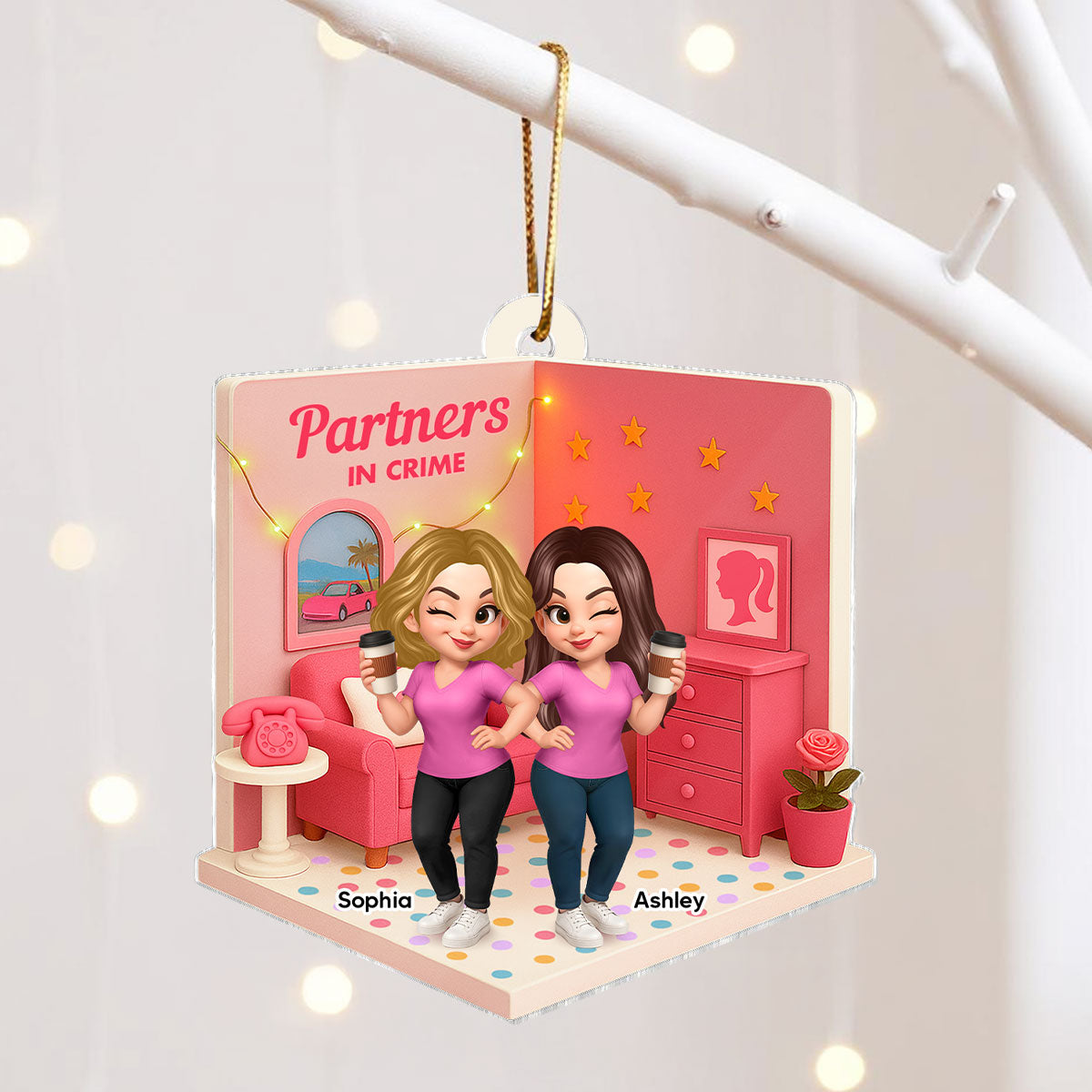 Pink Besties Sisters 3D Effect In House Personalized Acrylic Ornament