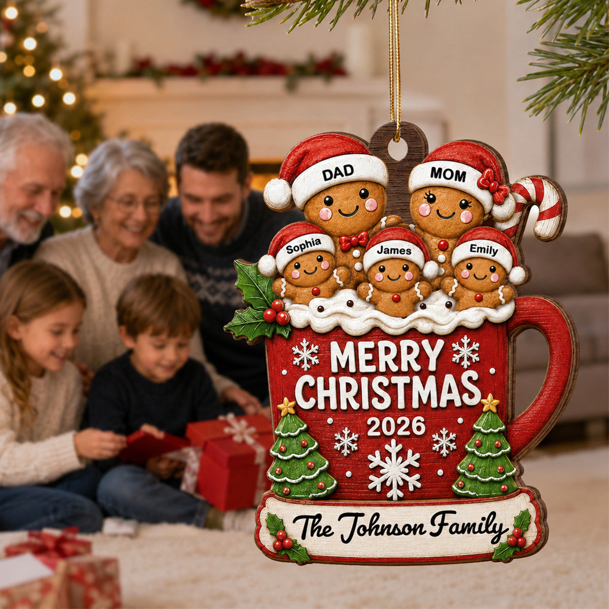 Gingerbread Family In Hot Cocoa 2D Flat - Personalized Wooden Ornament - Christmas Tree Decor For Family