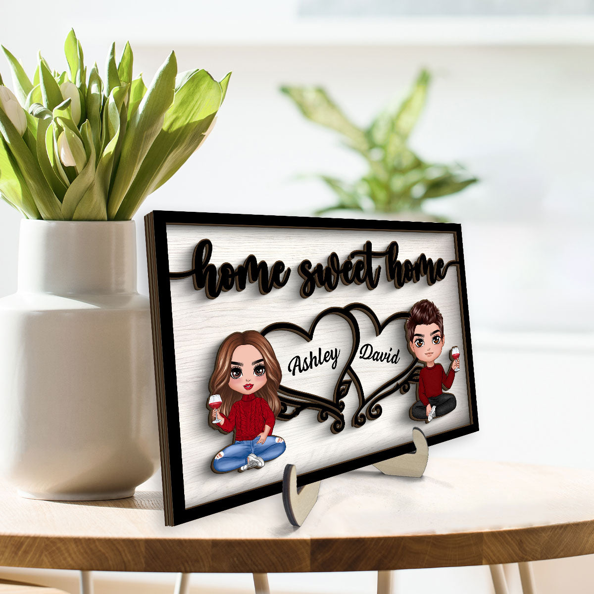 Couple Sitting Home Sweet Home Valentine‘s Day Gift For Him For Her Personalized 2-Layer Wooden Plaque