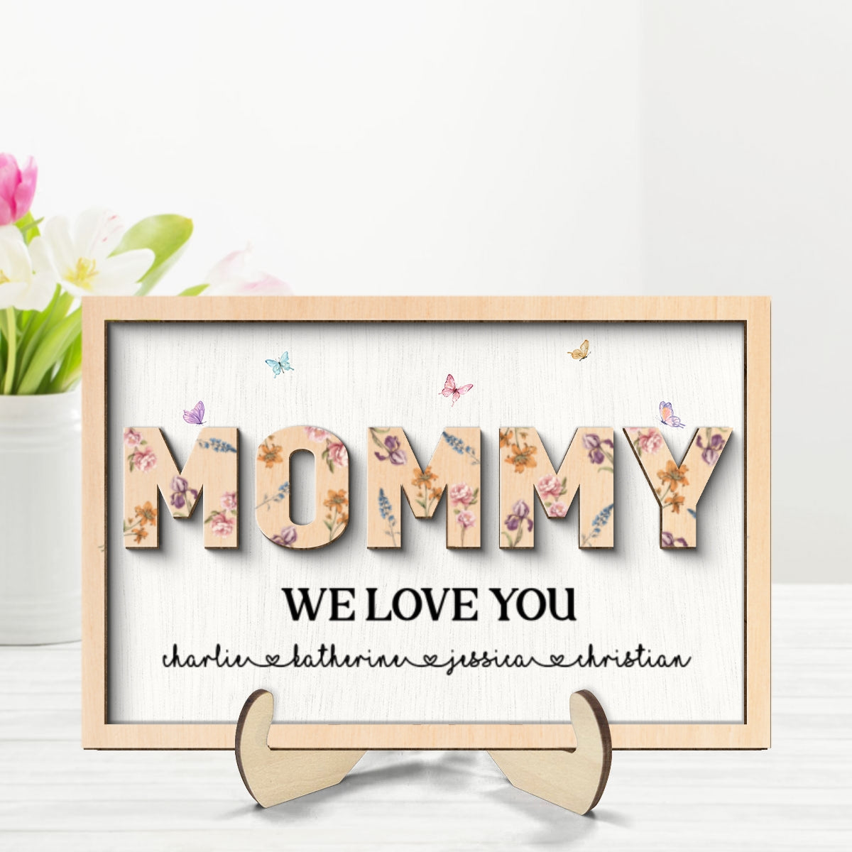 Mom We Love You, Custom 2-Layer Wooden Plaque, Birth Month Flower, Gift For Mom