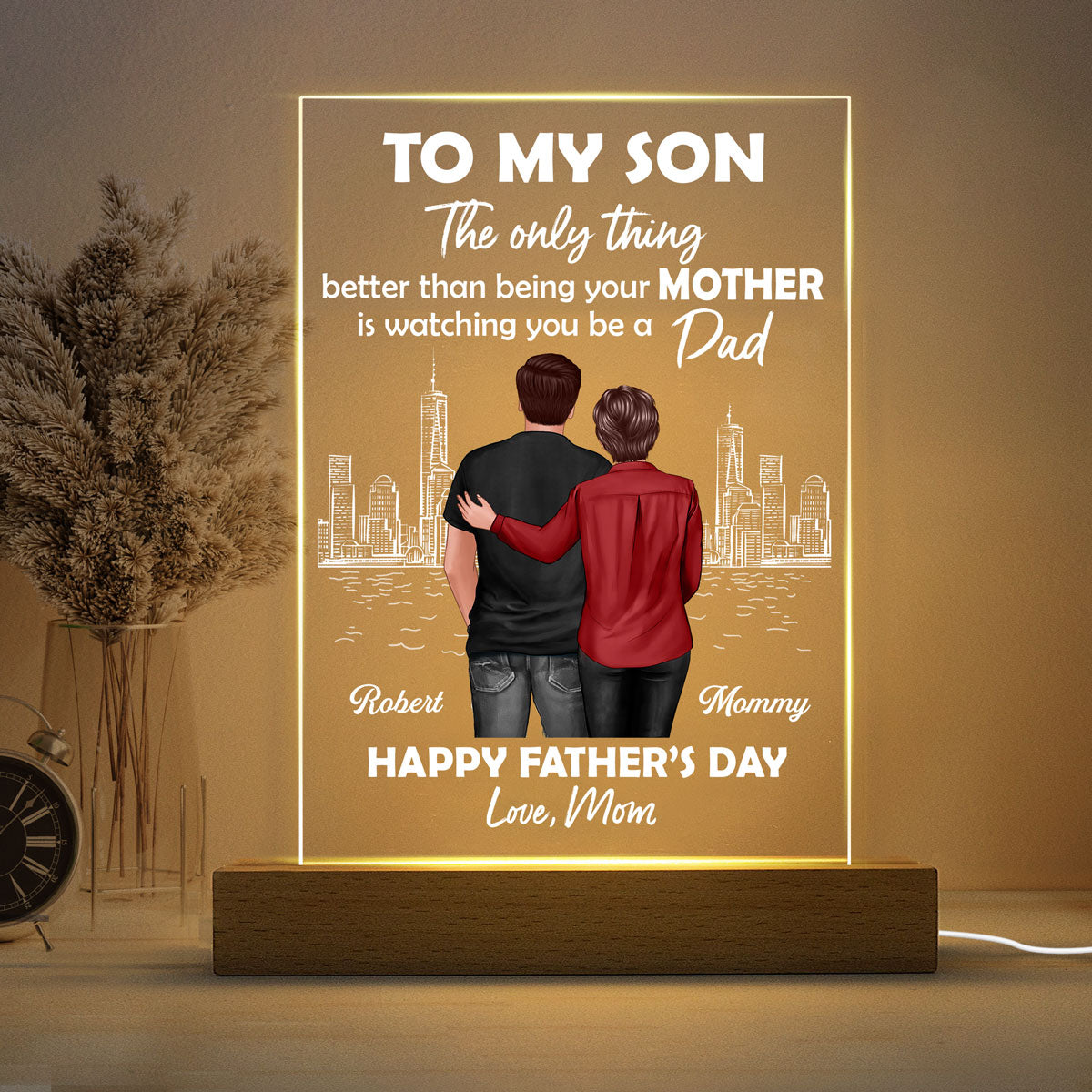 Skyline To My Son From Mom Happy Father‘s Day Back View Personalized Rectangle Acrylic LED Night Light