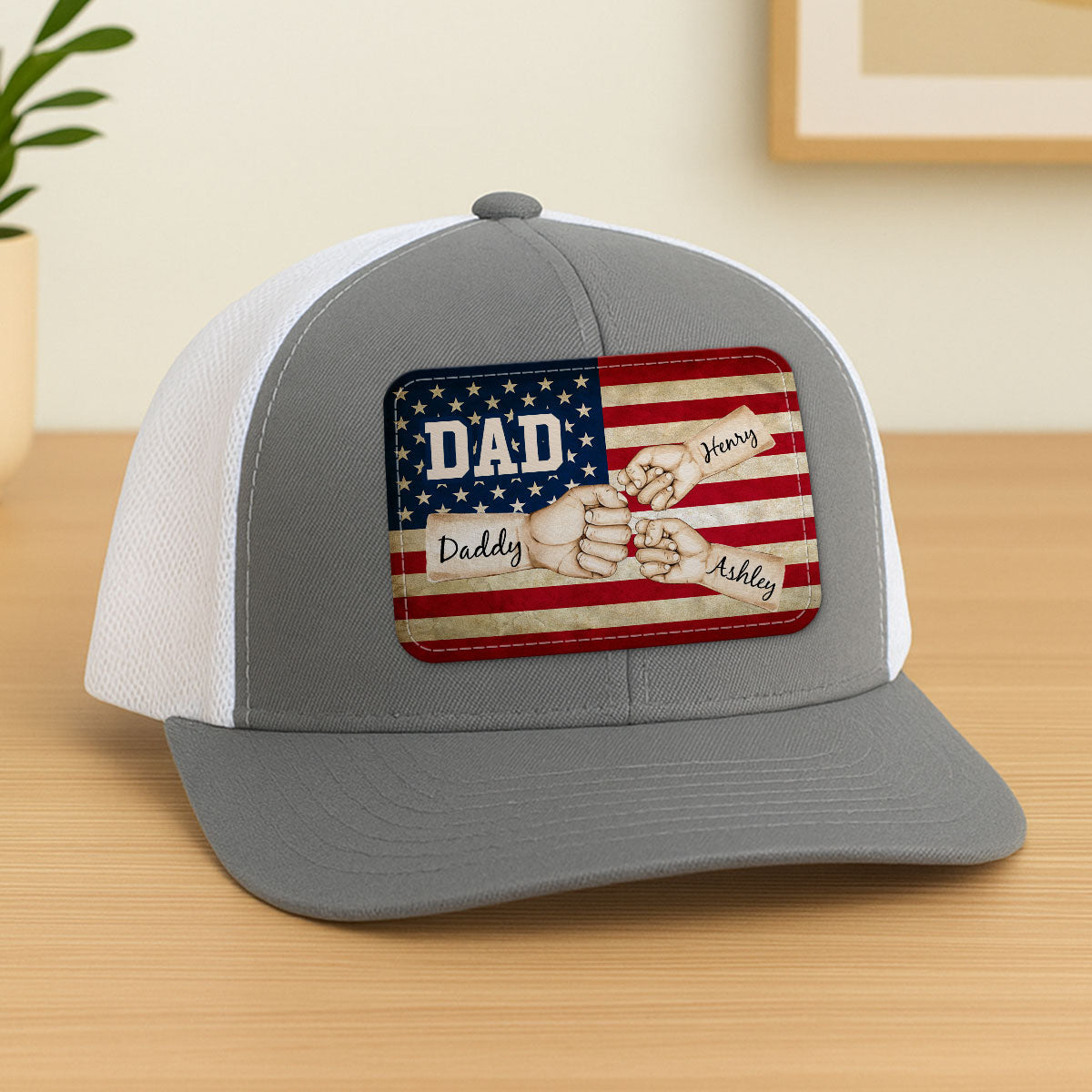 Dad Grandpa Papa Fist Bumps Nation Flag Personalized Leather Patch Hat