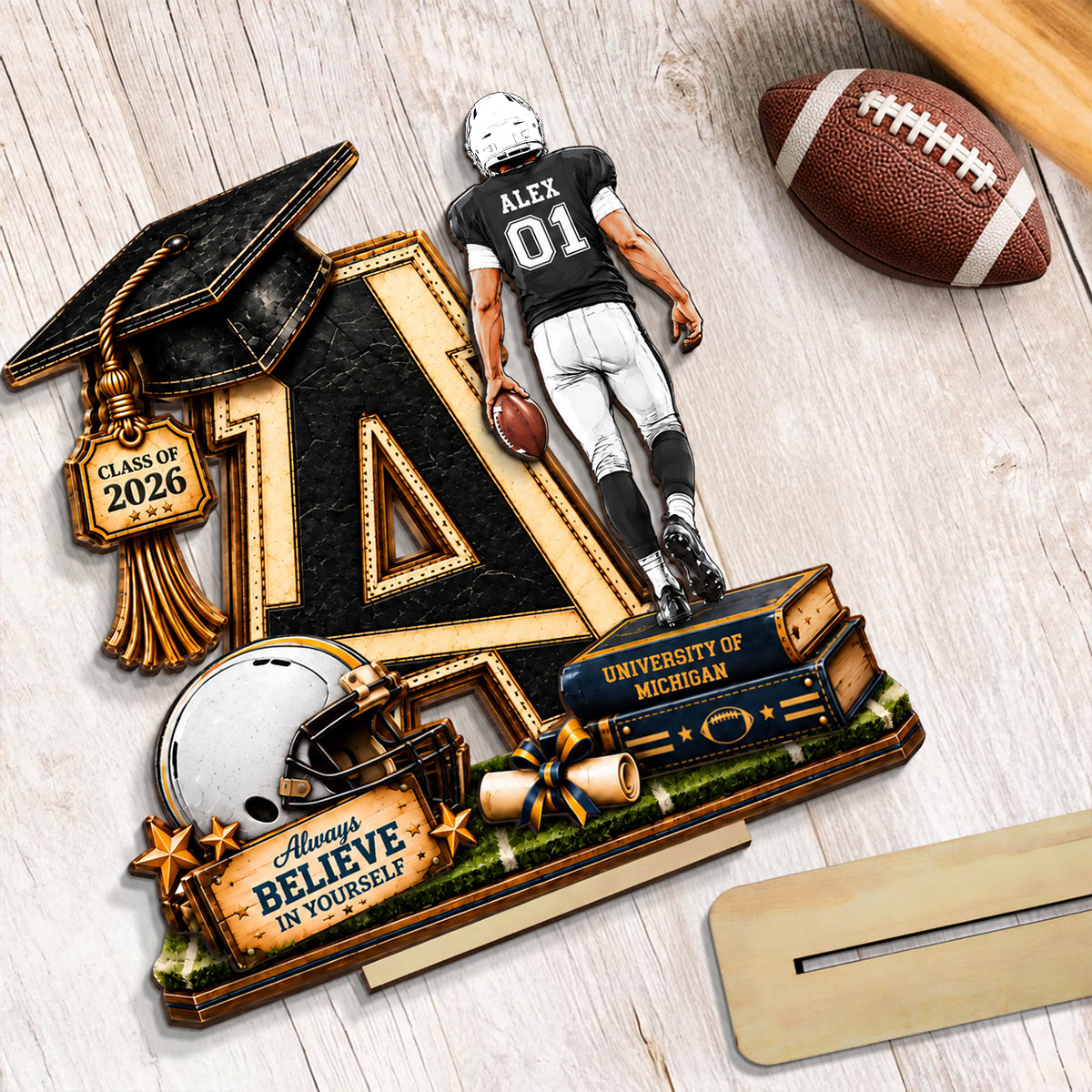 Football Graduation Custom Initial - Personalized 2-Layered Wooden Plaque - Class of 2026 Senior Gift, Christmas Gift for Son, Grandson, for Him