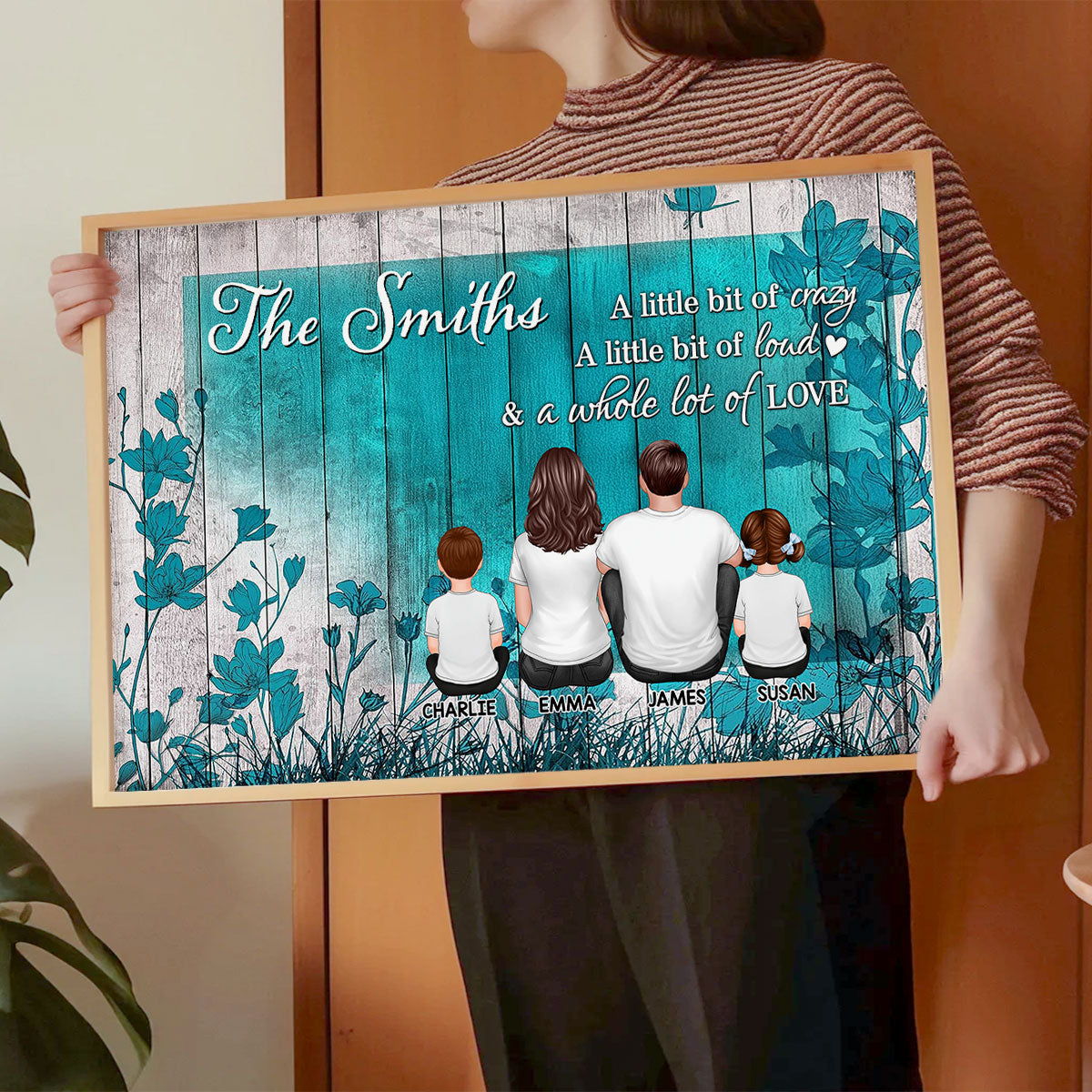 Teal Flower Family Sitting Personalized Poster