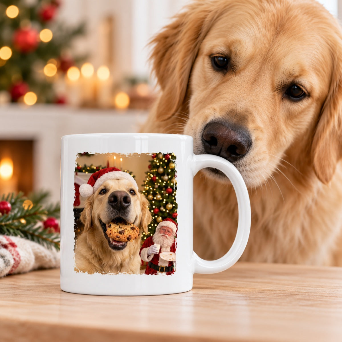 Dog Cat Steal Cookie From Santa Upload Pet Photo - Personalized Mug- Funny Christmas Gift For Dog Lovers, Cat Lovers, Pet Lovers
