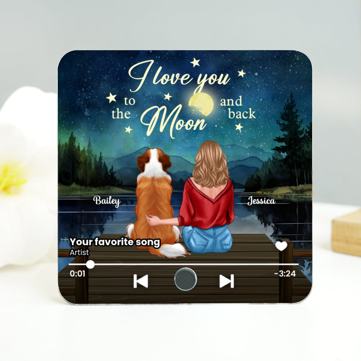 Woman And Dog I Love You To The Moon And Back Personalized Music Fridge Magnet, Heartfelt Gift For Couple, For Him, For Her, Boyfriend, Girlfriend, Husband, Wife