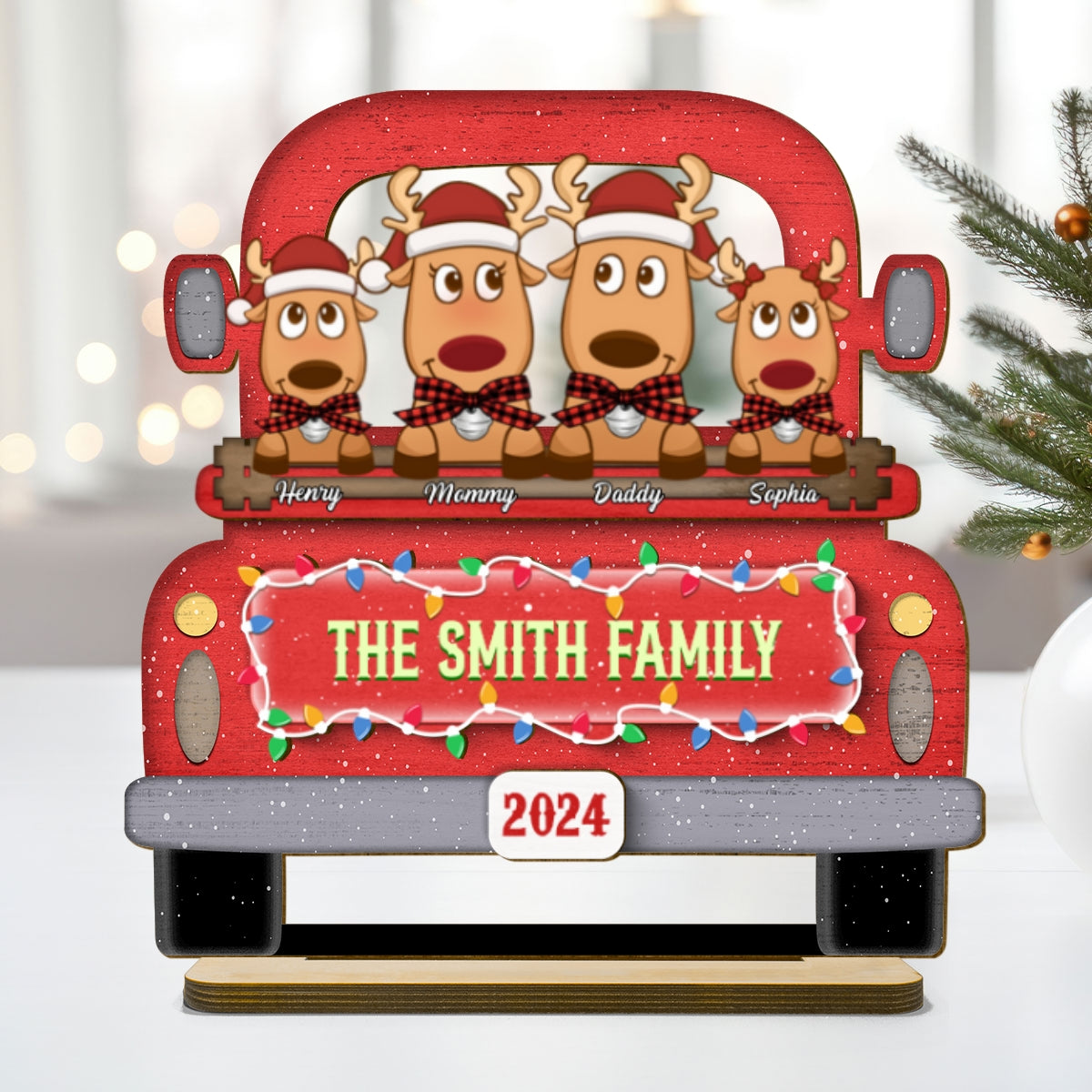 Reindeer Family On Christmas Truck Personalized 2 Layer Standing Wooden Plaque