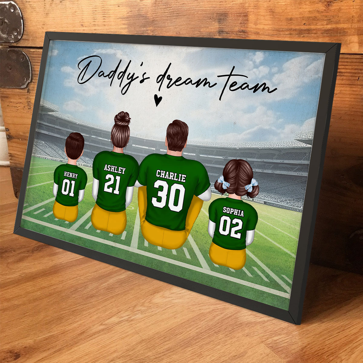 Daddy's Team Football Family Sitting Back View - Personalized Poster
