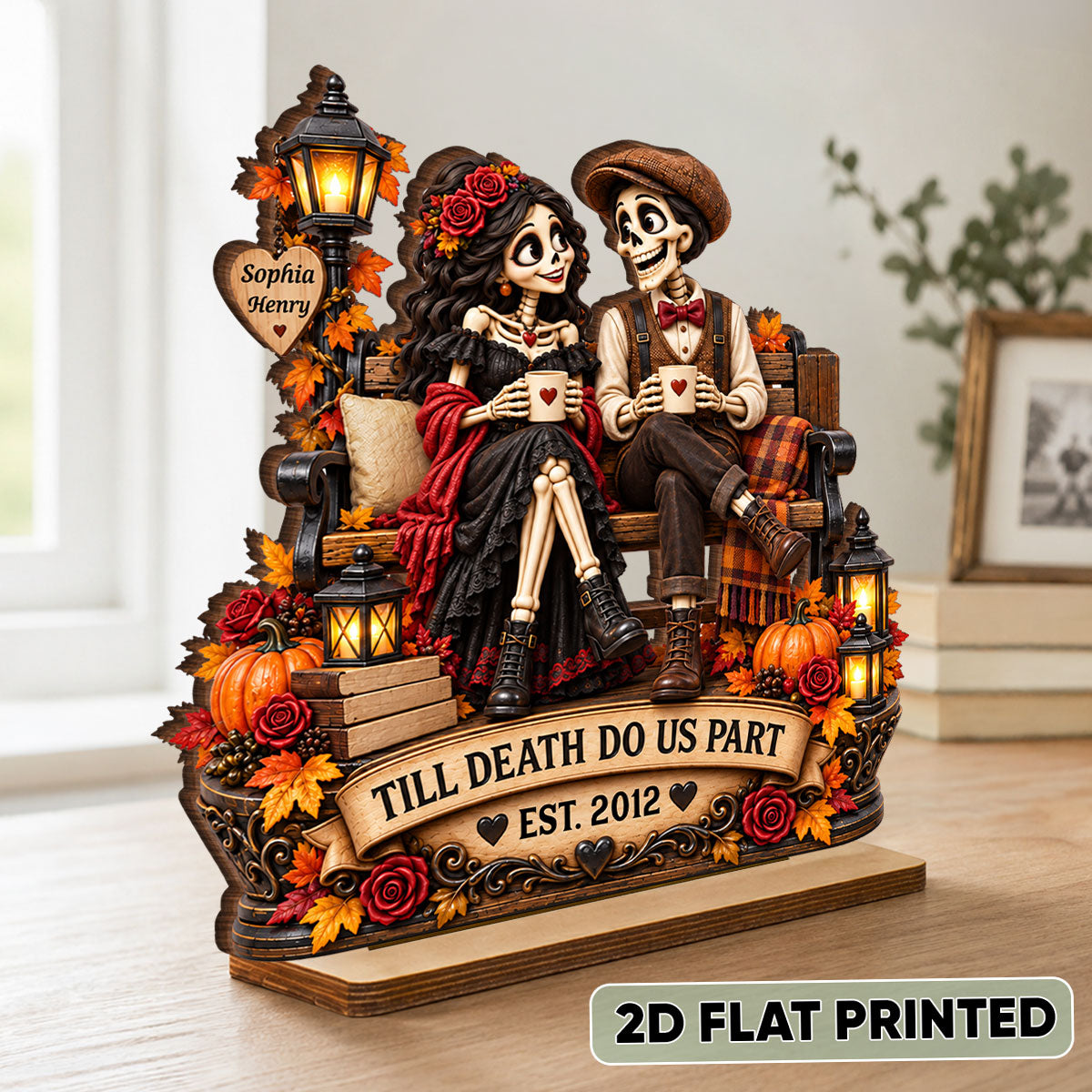 Till Death Do Us Part Fall Halloween Skeleton Couple - Personalized 2-Layered Wooden Plaque - Gift for Him, Gift for Her