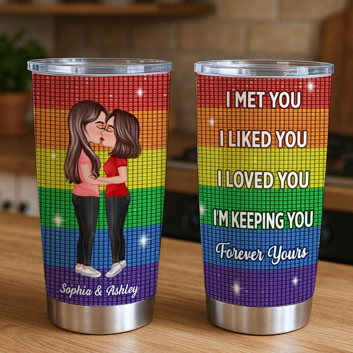 LGBT Couple Kissing I Met You I Love You Pride Month Personalized Tumbler (Not Real Rhinestones)