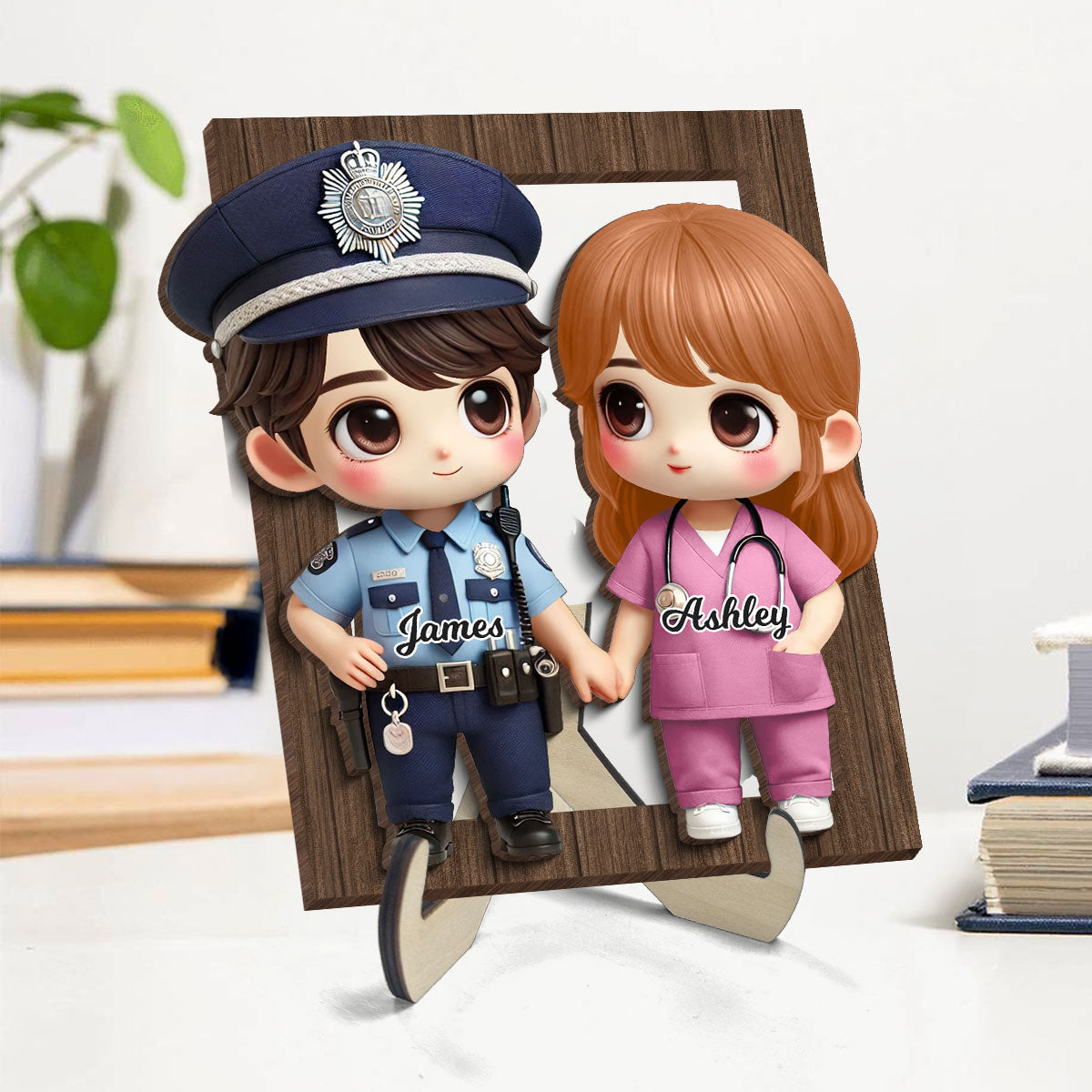 3D Effect Cute Cartoon Couple Gift by Occupation Gift For Her Gift For Him Personalized 2-Layered Wooden Plaque, Anniversary Gift For Couple