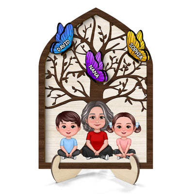 Grandma Mom Kids Crossed Legs Under Tree Butterflies Personalized 2-layer Wooden Plaque
