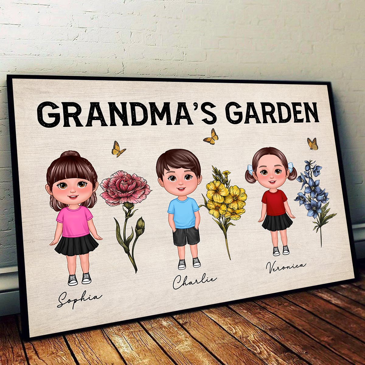 Grandma‘s Garden Cute Grandkids Standing With Beautiful Vintage Birth Flowers Personalized Poster
