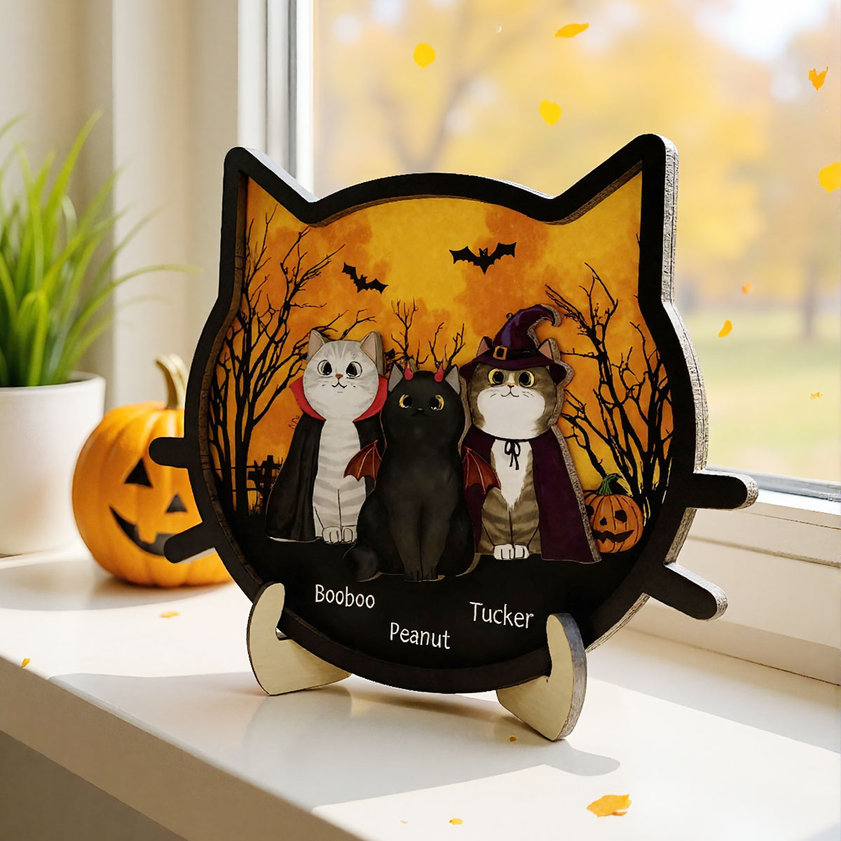 Spooky Halloween Theme Cat Face Personalized 2-Layer Wooden Plaque