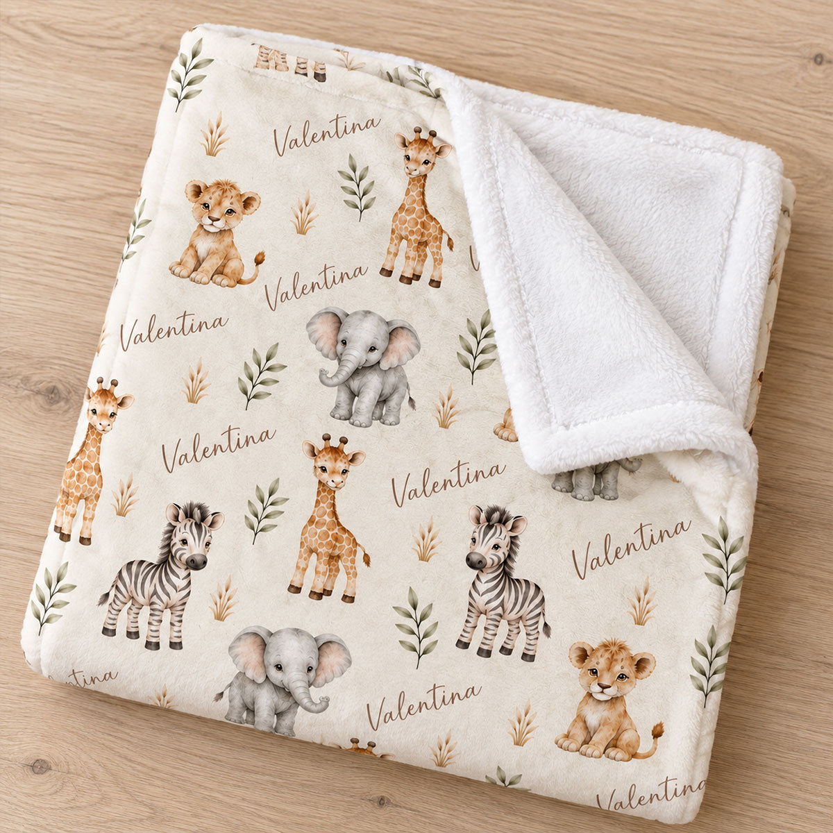 Safari Animal Print Custom Baby Name - Personalized Fleece Blanket - Nursery Jungle Animal Theme For Baby
