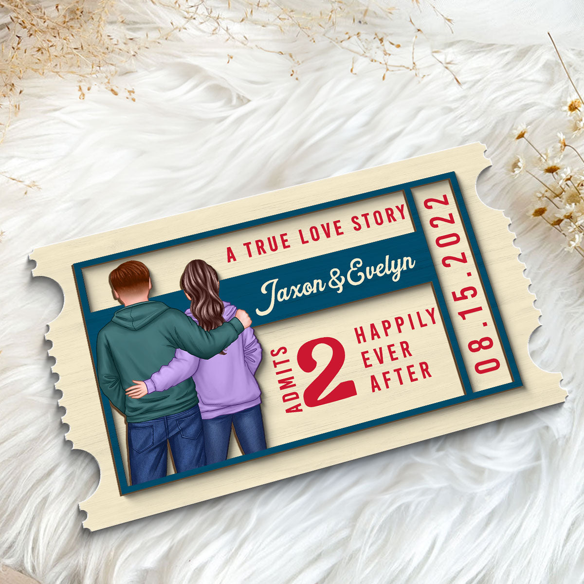 Couple True Love Story Ticket Personalized 2-Layer Wooden Plaque
