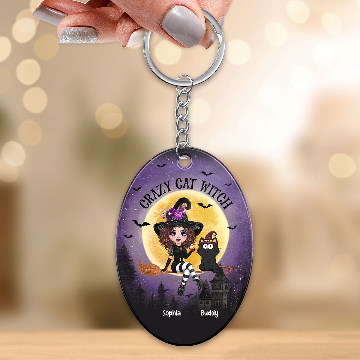 Halloween Flying Witch With Cats Personalized Acrylic Keychain