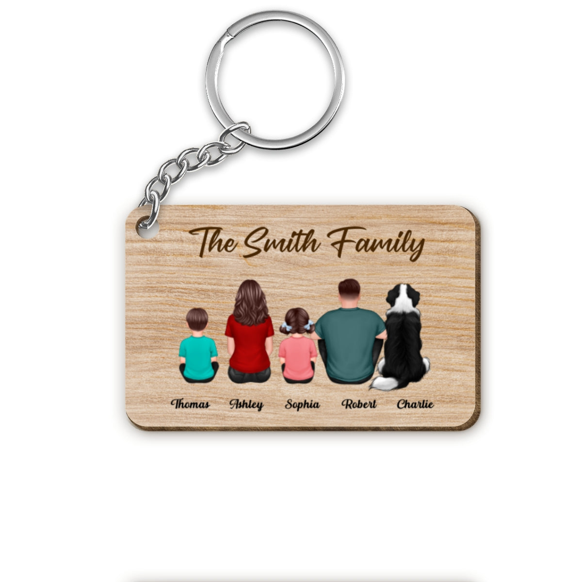 Whole Back View Family Couple Dad Mom Kids Dogs Cats Personalized Wooden Keychain