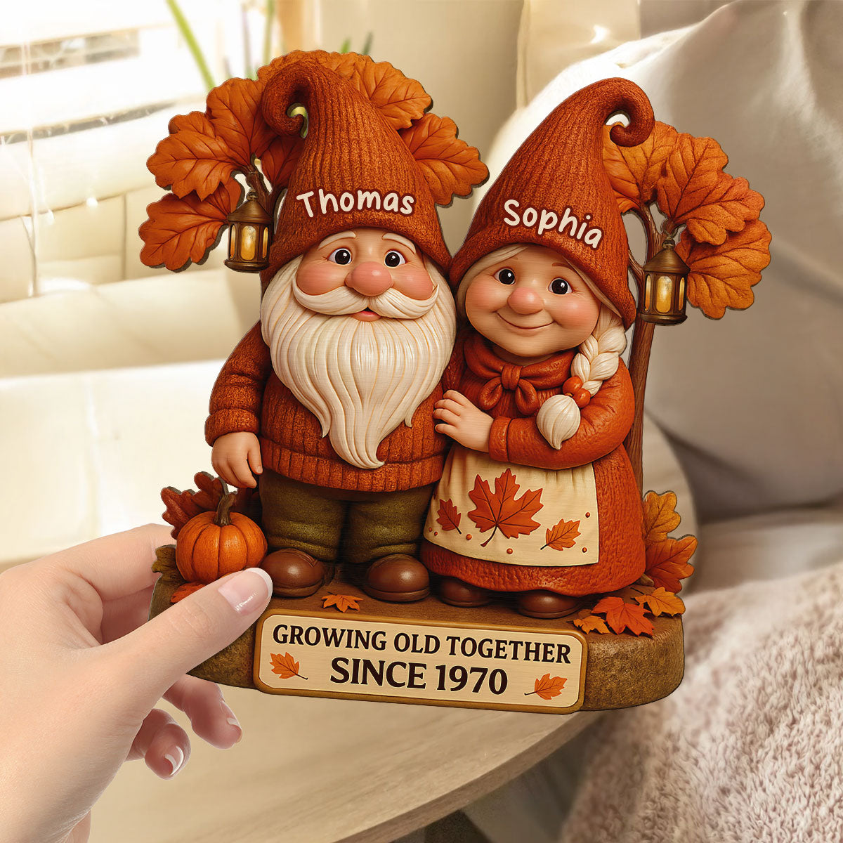 3D Effect Fall Season Gnome Couple Growing Old Together Personalized Standing Wooden Plaque