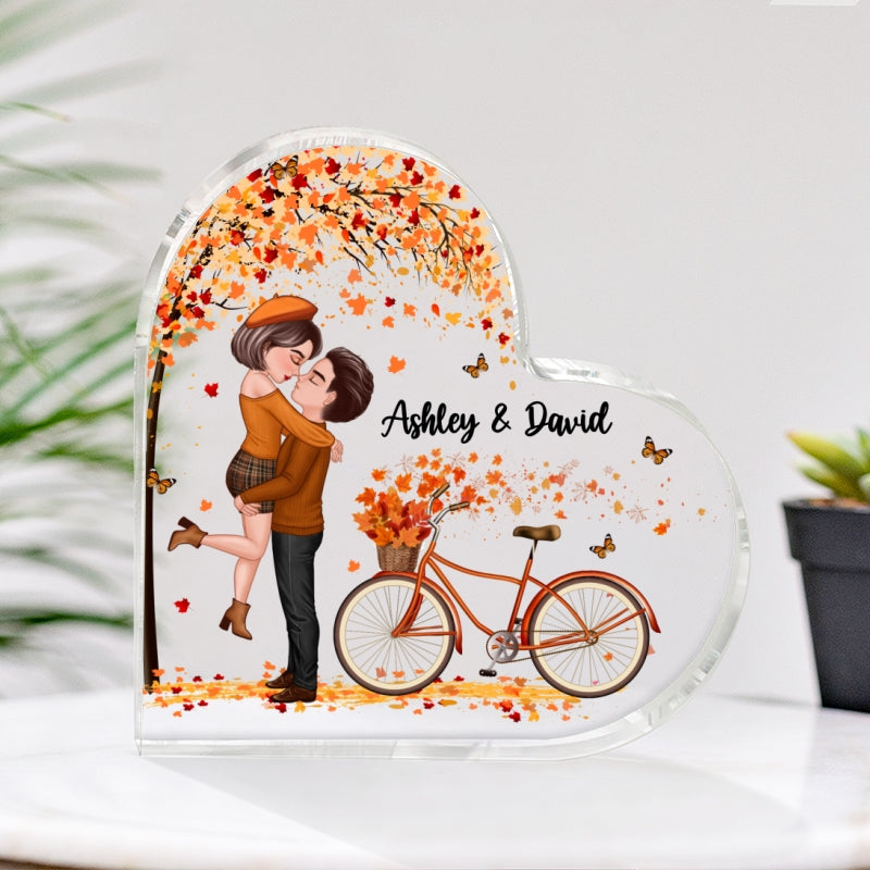 Fall Season Couple Kissing Under Tree Bicycle Personalized Heart Acrylic Plaque