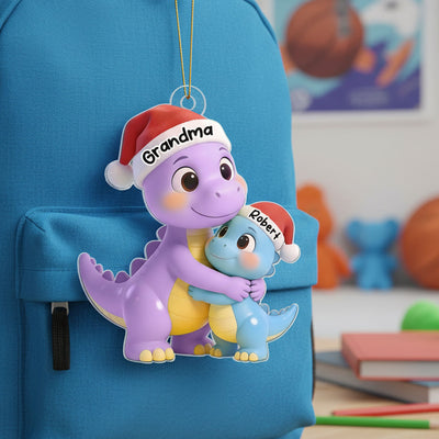 3D Effect Heartwarming Happy Grandmasaurus With Dinosaur Grandkid - Personalized Acrylic Car Hanger - Gift For Grandkids