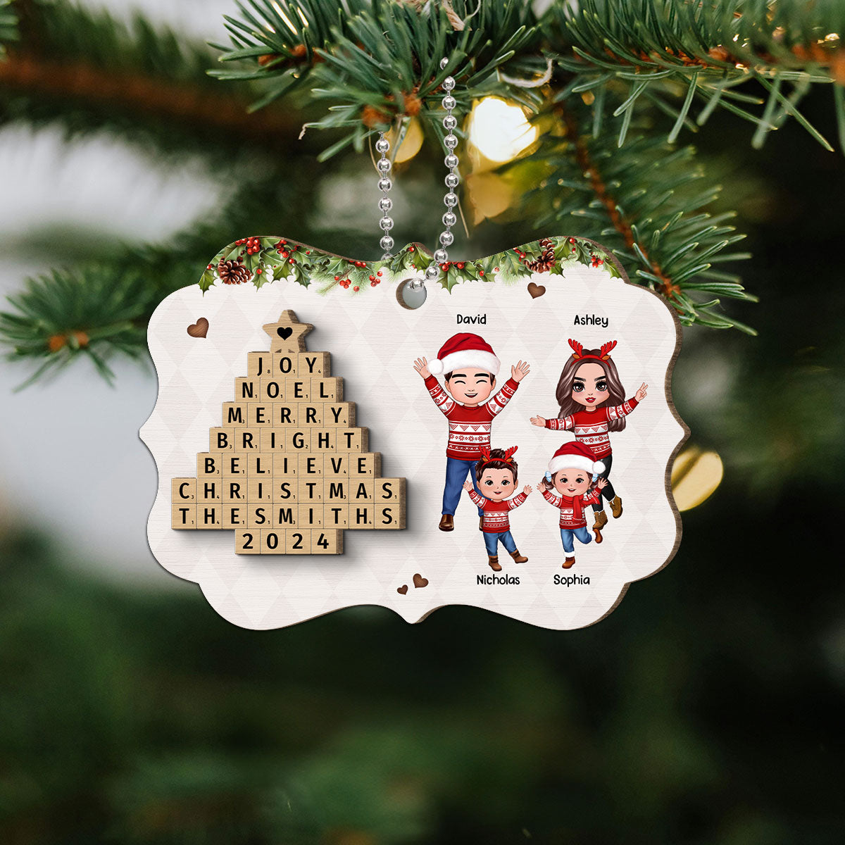 Happy Family By Word Art Christmas Tree Personalized 2-Layer Wooden Ornament