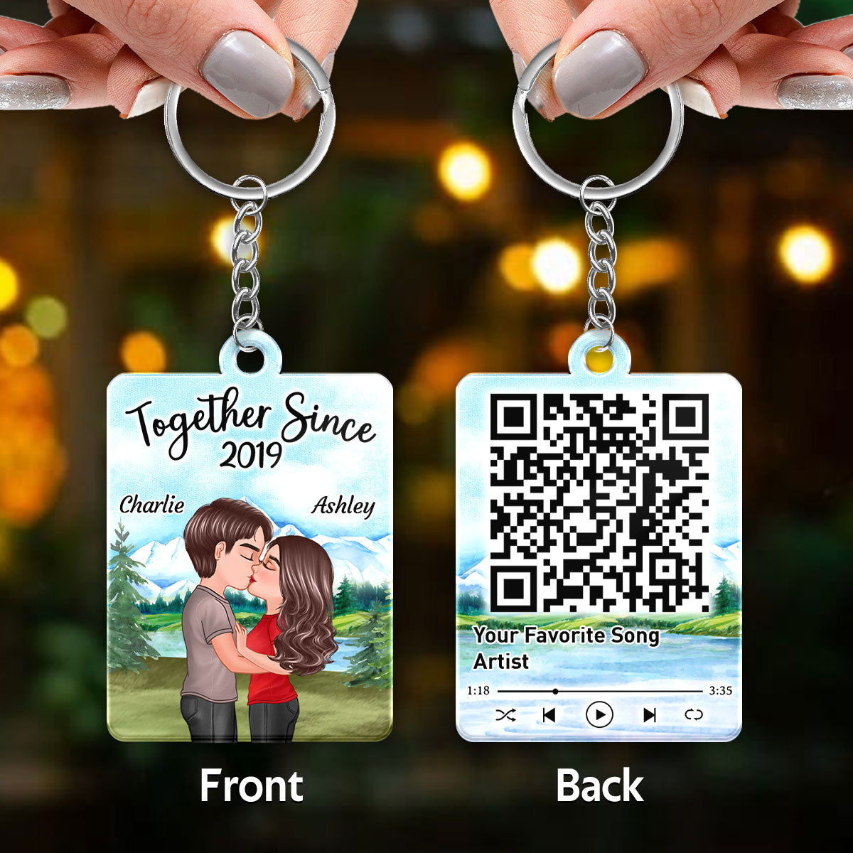 Mountain And Lake Doll Couple Kissing Favorite Song Scannable QR Code Personalized Acrylic Keychain