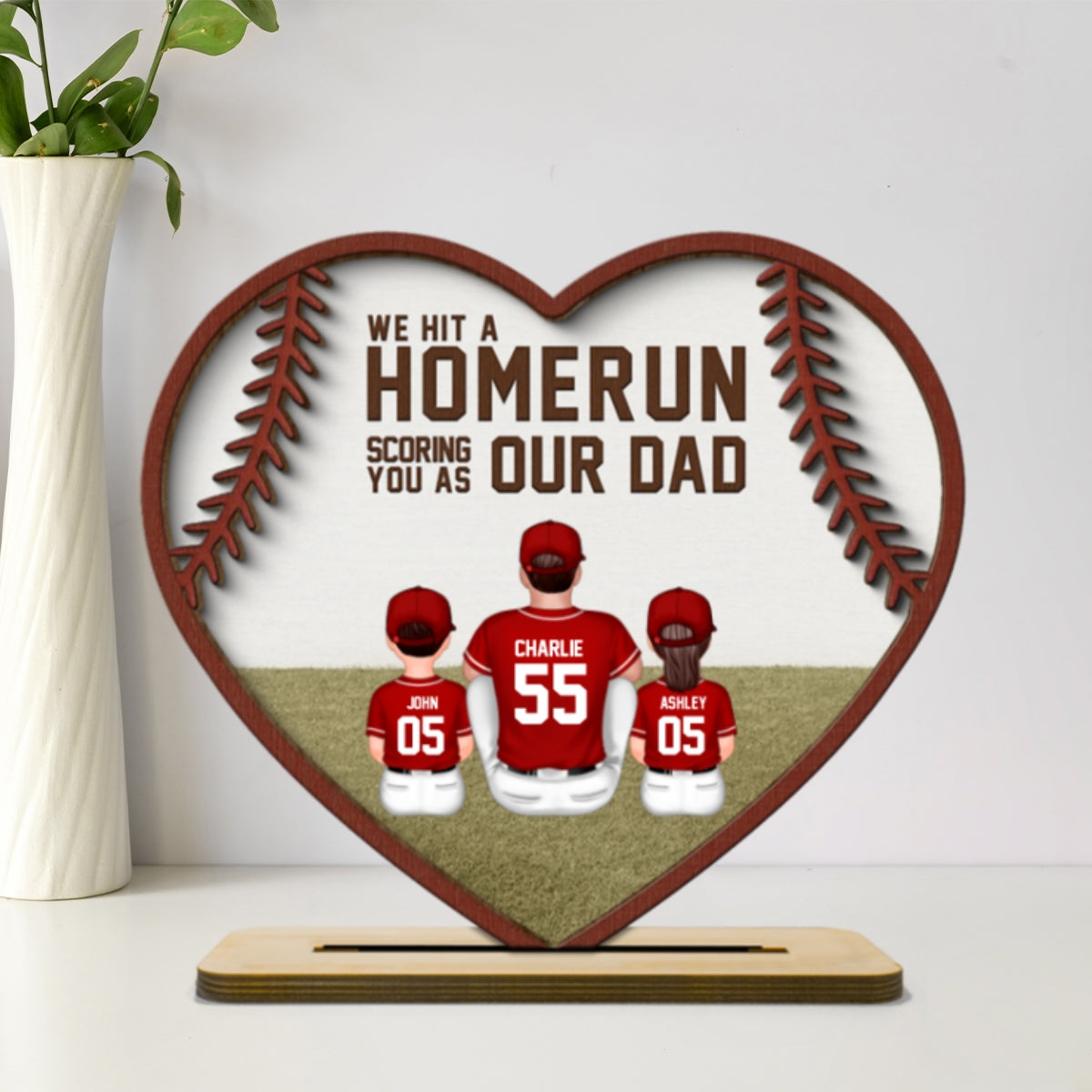 We Hit A Home Run Scoring You As Our Dad, Baseball Softball Dad Personalized 2-Layered Wooden Plaque