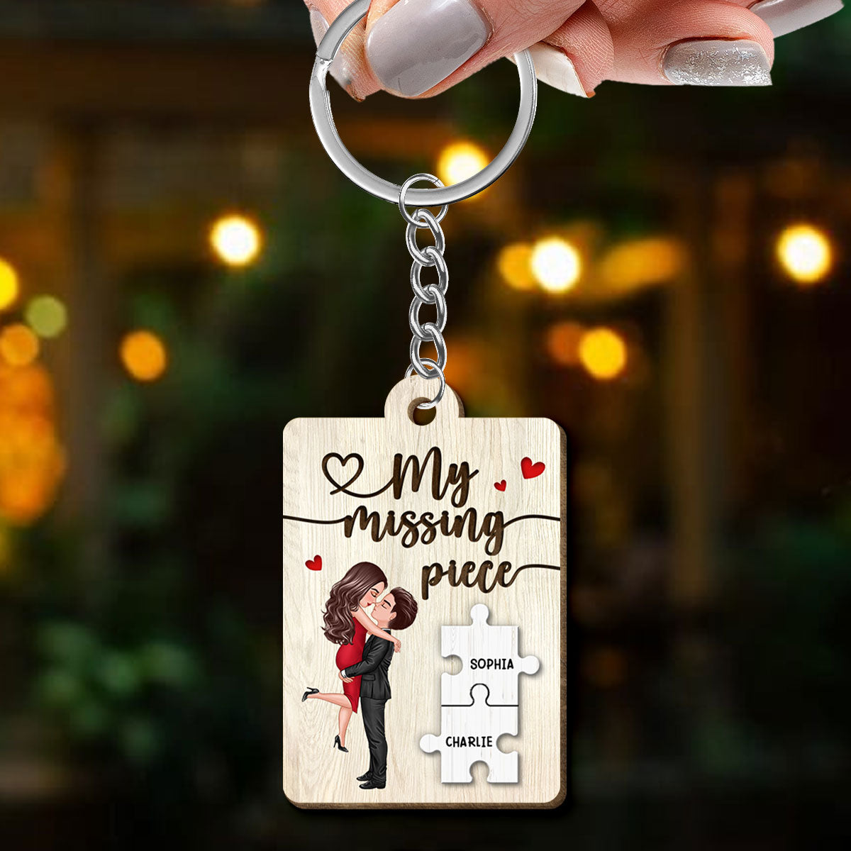 My Missing Piece Couple Hugging Kissing Valentine‘s Day Gift For Her Gift For Him Personalized Wooden Keychain