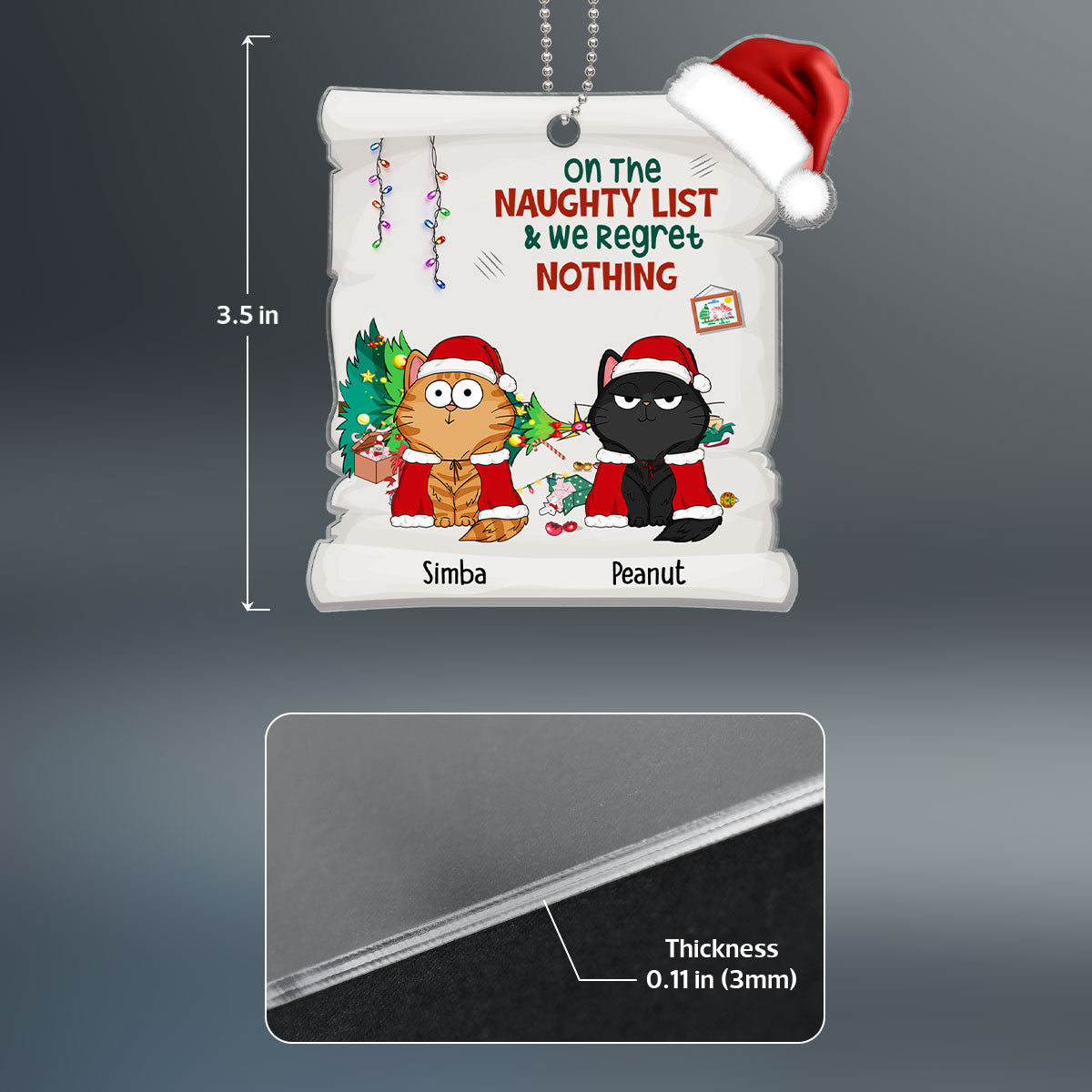 On The Naughty List & Regret Nothing Funny Cat Expression Personalized Acrylic Ornament