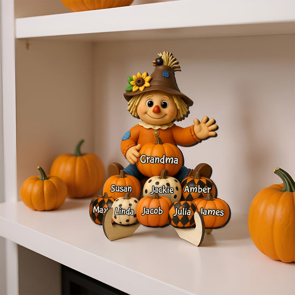 Fall Season Grandma Scarecrow Grandkids Pumpkins 3D Effect Personalized 2-Layer Wooden Plaque