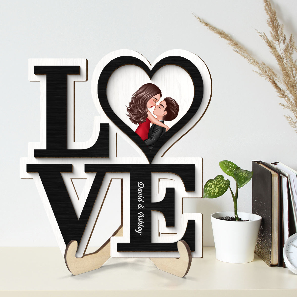 LOVE Stacked Couple Hugging Kissing  Gift For Him Gift For Her Personalized 2-layer Wooden Plaque