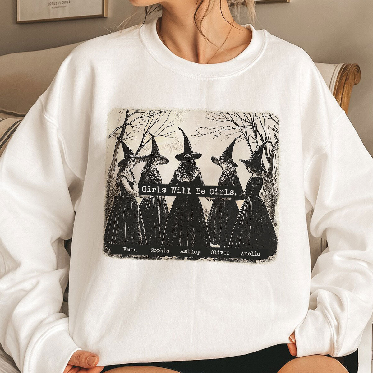 Vintage Witch Girls Will Be Girls Personalized Sweatshirt, Halloween Party Matching Shirt