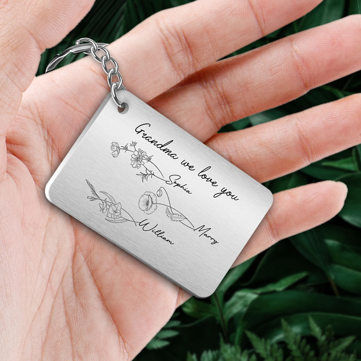 Grandma Mom Birth Month Flowers Personalized Metal Keychain