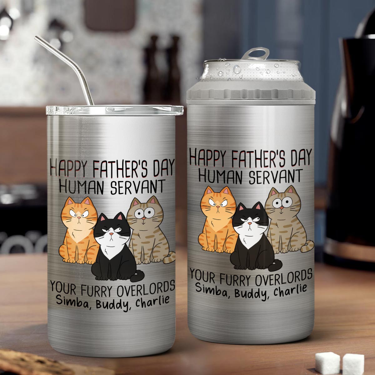 Happy Father‘s Day Human Servant Funny Cute Cats Personalized Can Cooler, Gift For Cat Dad