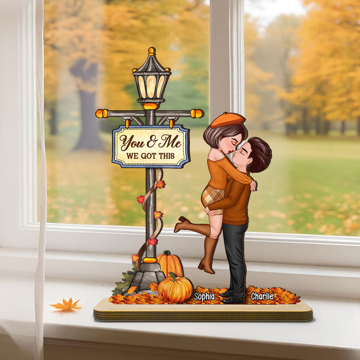 Under Lamp Post Fall Season Couple Kissing Personalized Standing Wooden Plaque