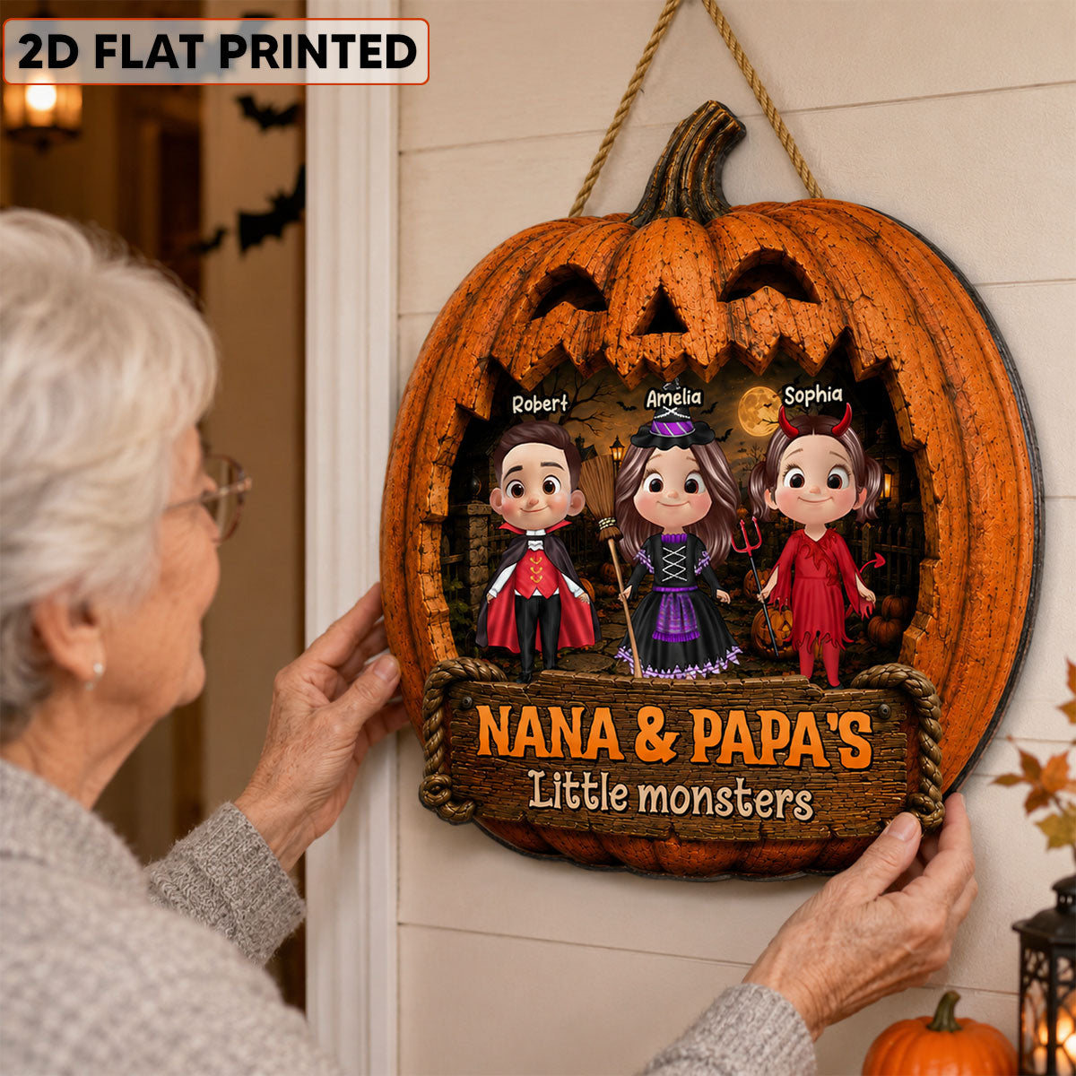 Grandpa & Grandma's Little Monsters - Personalized Wood Sign - Halloween Decor For Grandparents