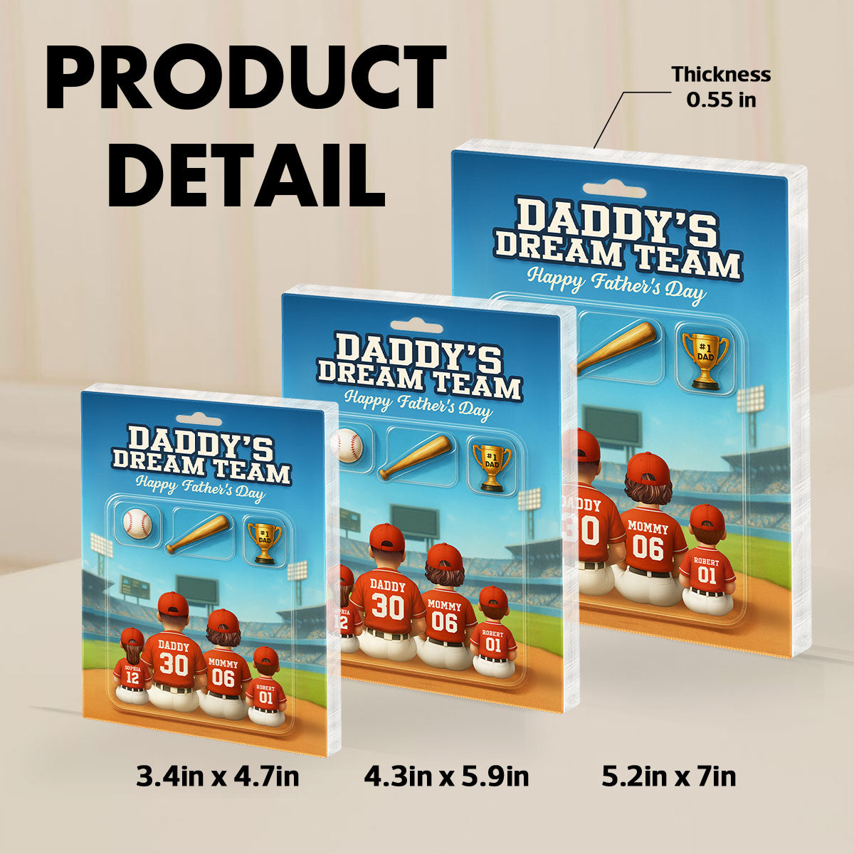 3D Effect Custom Figure Baseball Family Daddy's Dream Team Personalized Flat Acrylic Block Plaque, Unique Father's Day Gift For Dad, Husband