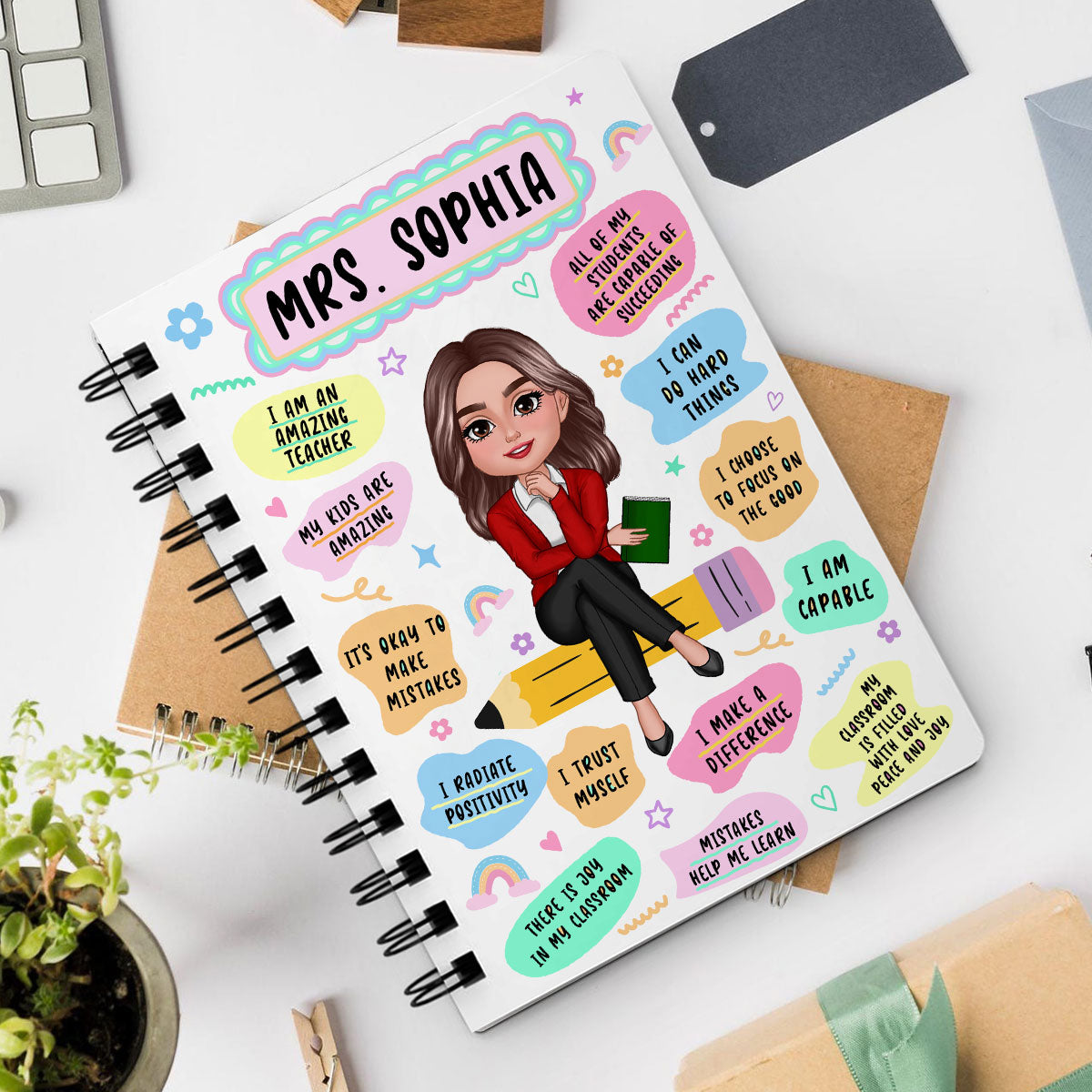 Teacher Daily Affirmation Personalized Spiral Notebook Journal, Back To School Stationery For Teacher