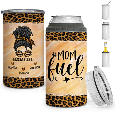 Mom Fuel Messy Bun Leopard Personalized Multipurpose Tumbler 4 In 1 Can Cooler