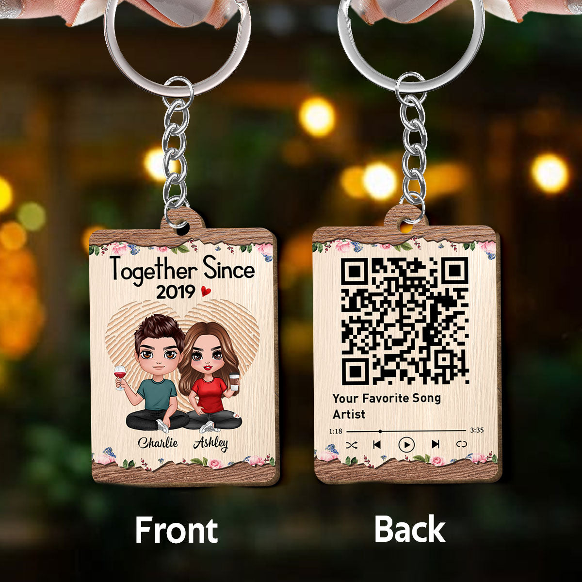 Doll Couple Sitting Favorite Song Scannable QR Code Floral Personalized Wooden Keychain