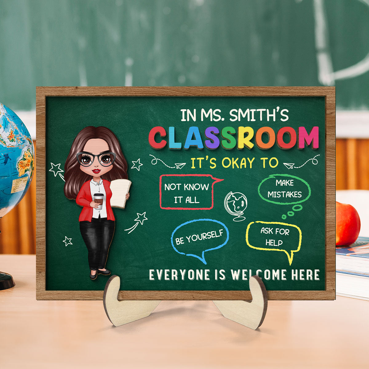 In Teacher Classroom It‘s Okay Everyone Is Welcome Here Personalized 2-Layer Wooden Plaque, Classroom Decor