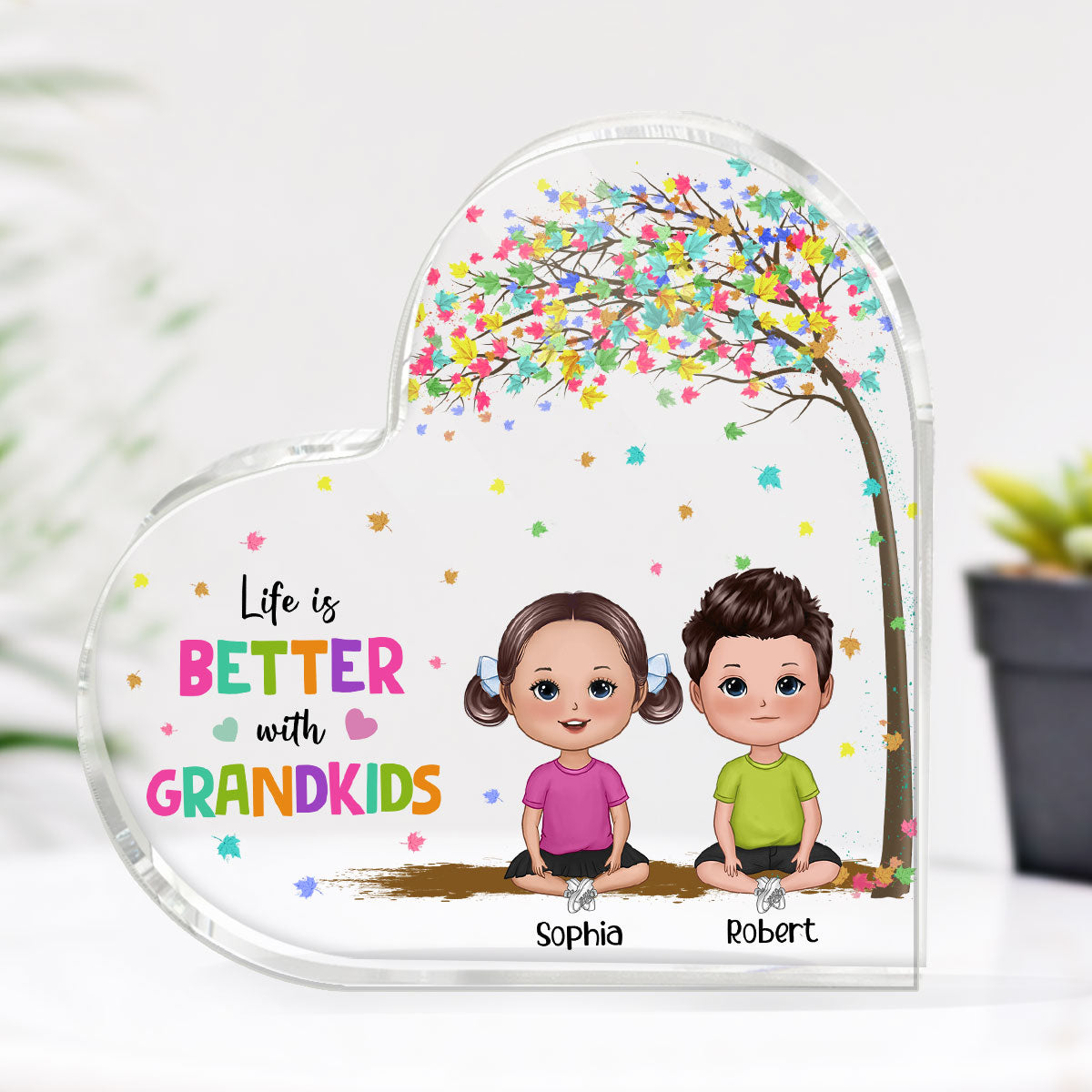 Life Is Better With Grandkids Doll Kids Sitting Under Colorful Tree Personalized Heart Acrylic Plaque